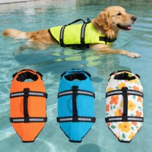 Reflective Dog Swim Vest, Adjustable Puppy Life Preserver with Quick-Release Buckles & Leash Attachment, Summer Outdoor Pet Apparel