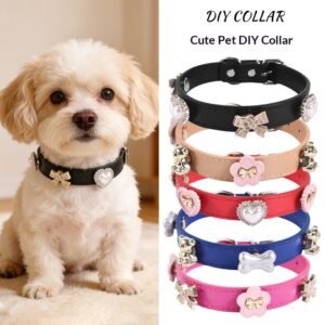 DIY Customizable Puppy Collar, Bling Crystal Pet Choker with Heart Diamond Studs, Adjustable Soft PU Leather Cat Bowtie Necklace