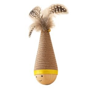 Interactive Wooden Tumbler Cat Toy – Eco-Friendly Beechwood & Natural Feather Teaser, Durable Knit Cotton Pet Toy for Bored Indoor Cats