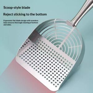 Metal Cat Litter Shovel with Flat Edge Scraper, Ergonomic Stainless Steel Pet Scooper for Sticky Bottoms