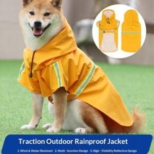 Waterproof Dog Raincoat – Reflective Dog Rain Poncho with Harness Hole, Adjustable Hooded Pet Rain Jacket Sleevless Windproof Clothes for Large Dogs