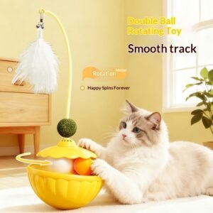 Interactive Tumbler Cat Toy with Food Dispenser | Feather Teaser & Catnip Ball Slow Feeder for Bored Indoor Cats