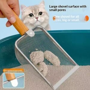 Fine-Mesh Metal Cat Litter Scoop with Wooden Handle | Ergonomic Deep Shovel Sifter for Walnut, Bentonite & Clay Litter